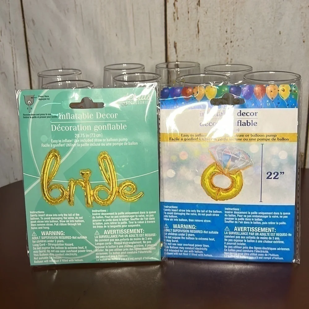 Set of 8 'Cheers' and 'Final fling...' champagne glasses + inflatable 'ring' and